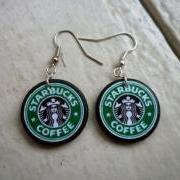 Starbucks to go. Starbucks earrings. Coffee earrings. Green earrings. Ephemera earrings. Wood tile. 1x1 inch round. Latte. Mocha. Coffee.