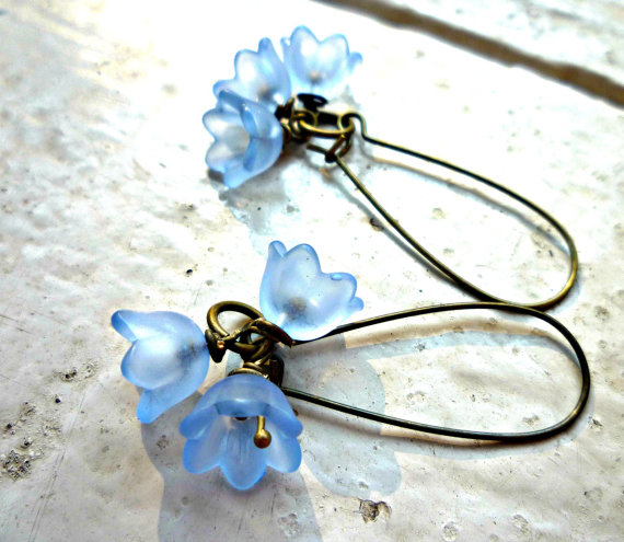 Baby Bell Flower Earrings. Light Blue, Cornflower Blue Flowers. Brass Jewelry. Blue Earrings. Brass Earrings. Bohemian. Kidney Ear Wires.
